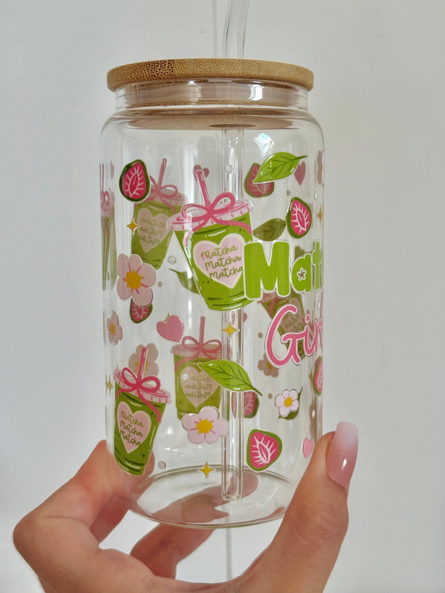 Matcha Glasbecher mit Deckel und Trinkhalm, doppelseitig bedruckt, 500 ml