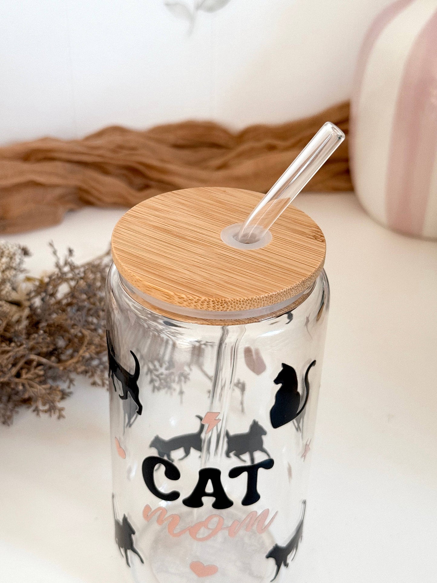 Katzenmama-Glasbecher mit Bambusdeckel & Glasstrohhalm