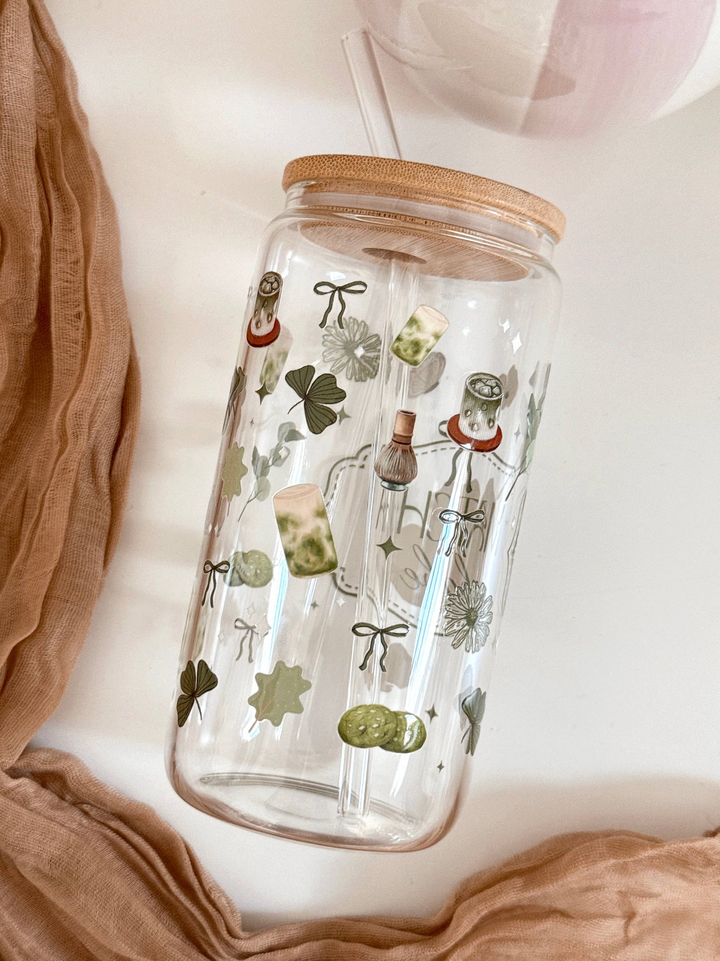 Lux Matcha Babe Glasbecher beidseitig & Deckel und Strohhalm