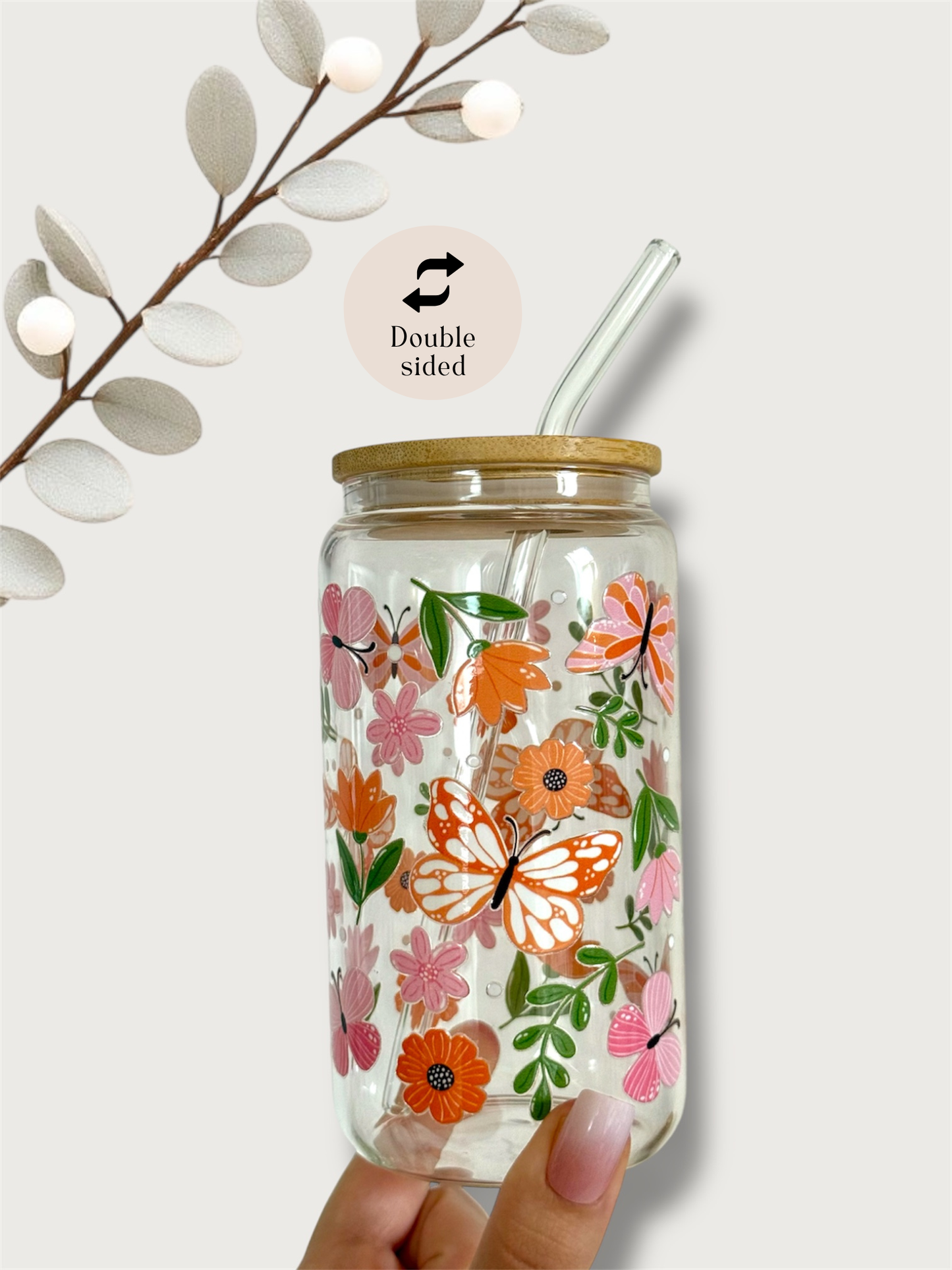 Butterfly Garden Glasbecher mit doppelseitigem Druck, Deckel und Strohhalm