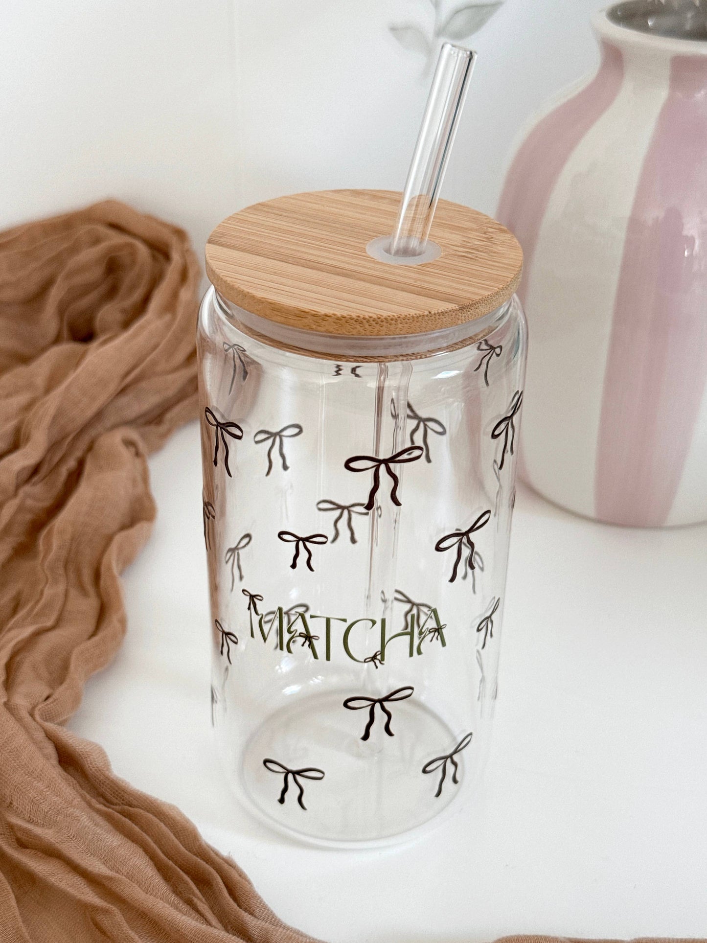 Matcha Bows doppelseitiger Glastumbler + Bambusdeckel & Strohhalm