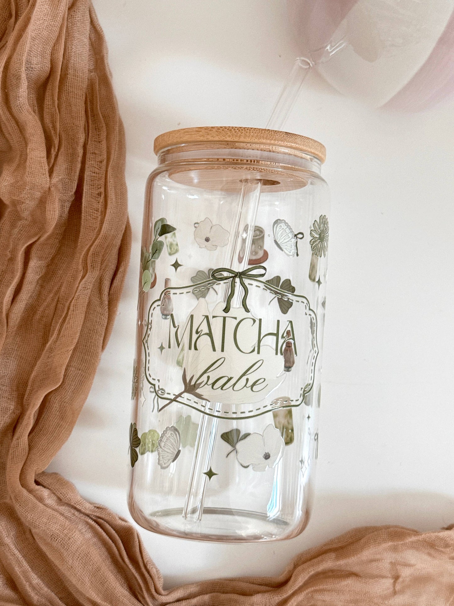 Lux Matcha Babe Glasbecher beidseitig & Deckel und Strohhalm