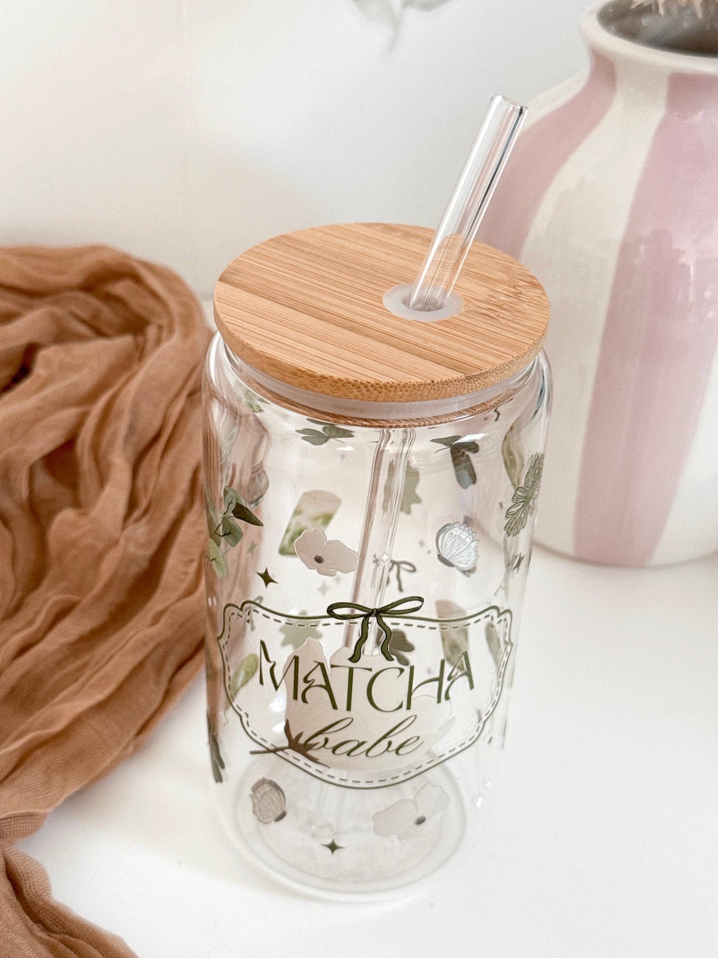 Lux Matcha Babe Glasbecher beidseitig & Deckel und Strohhalm