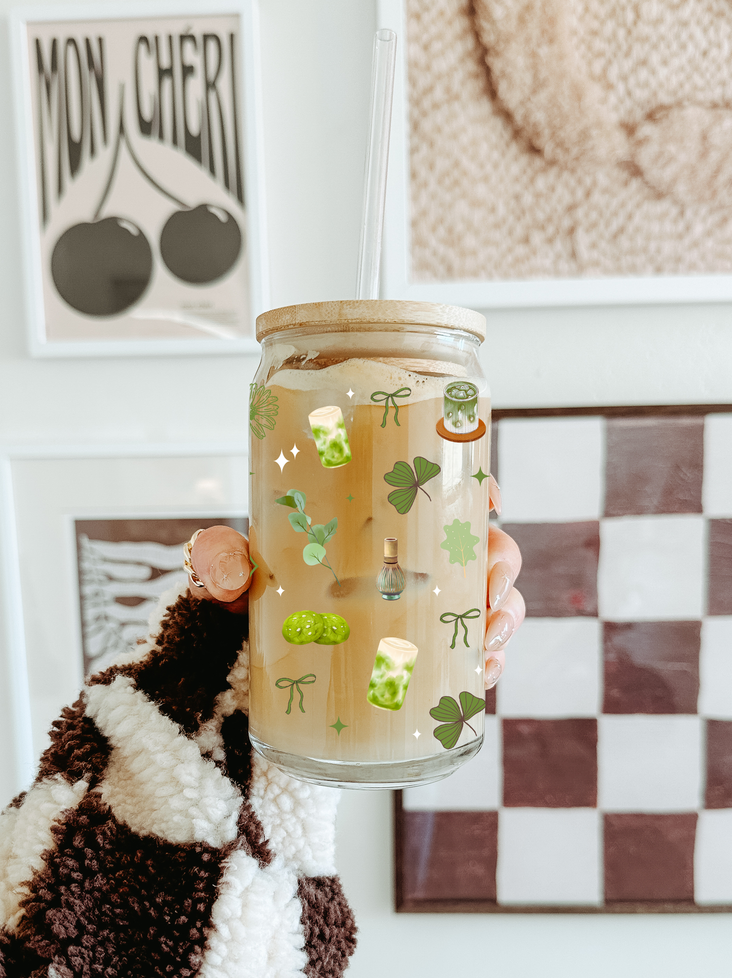 Lux Matcha Babe Glasbecher beidseitig & Deckel und Strohhalm