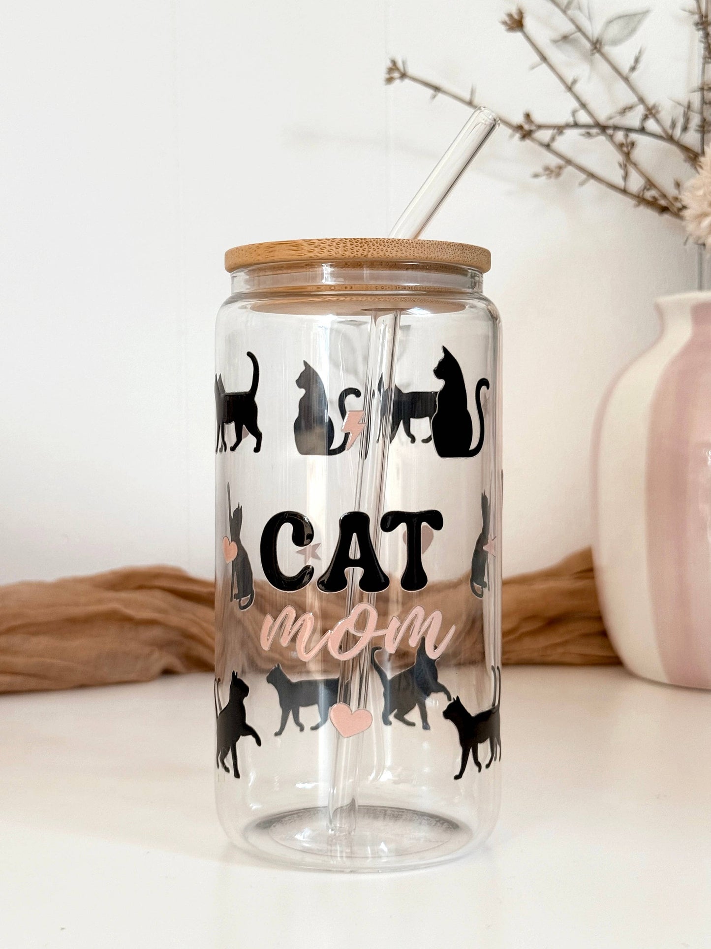 Katzenmama-Glasbecher mit Bambusdeckel & Glasstrohhalm