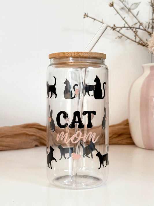 Katzenmama-Glasbecher mit Bambusdeckel & Glasstrohhalm