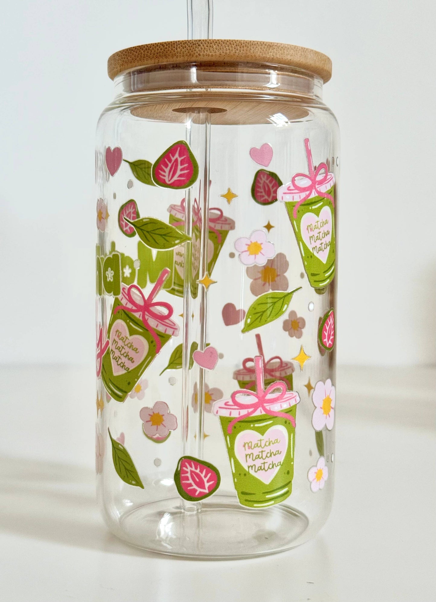 Matcha Glasbecher mit Deckel und Trinkhalm, doppelseitig bedruckt, 500 ml