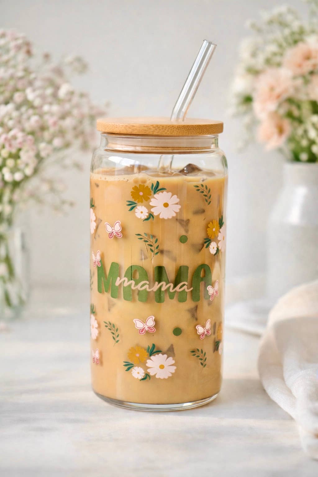 MAMA Green doppelwandiger Glasbecher + Bambusdeckel und Strohhalm
