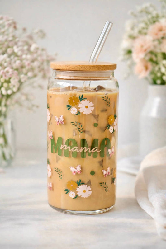 MAMA Green doppelwandiger Glasbecher + Bambusdeckel und Strohhalm