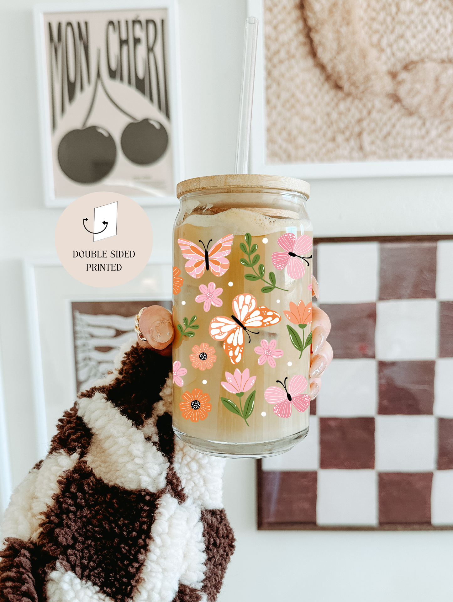 Butterfly Garden Glasbecher mit doppelseitigem Druck, Deckel und Strohhalm