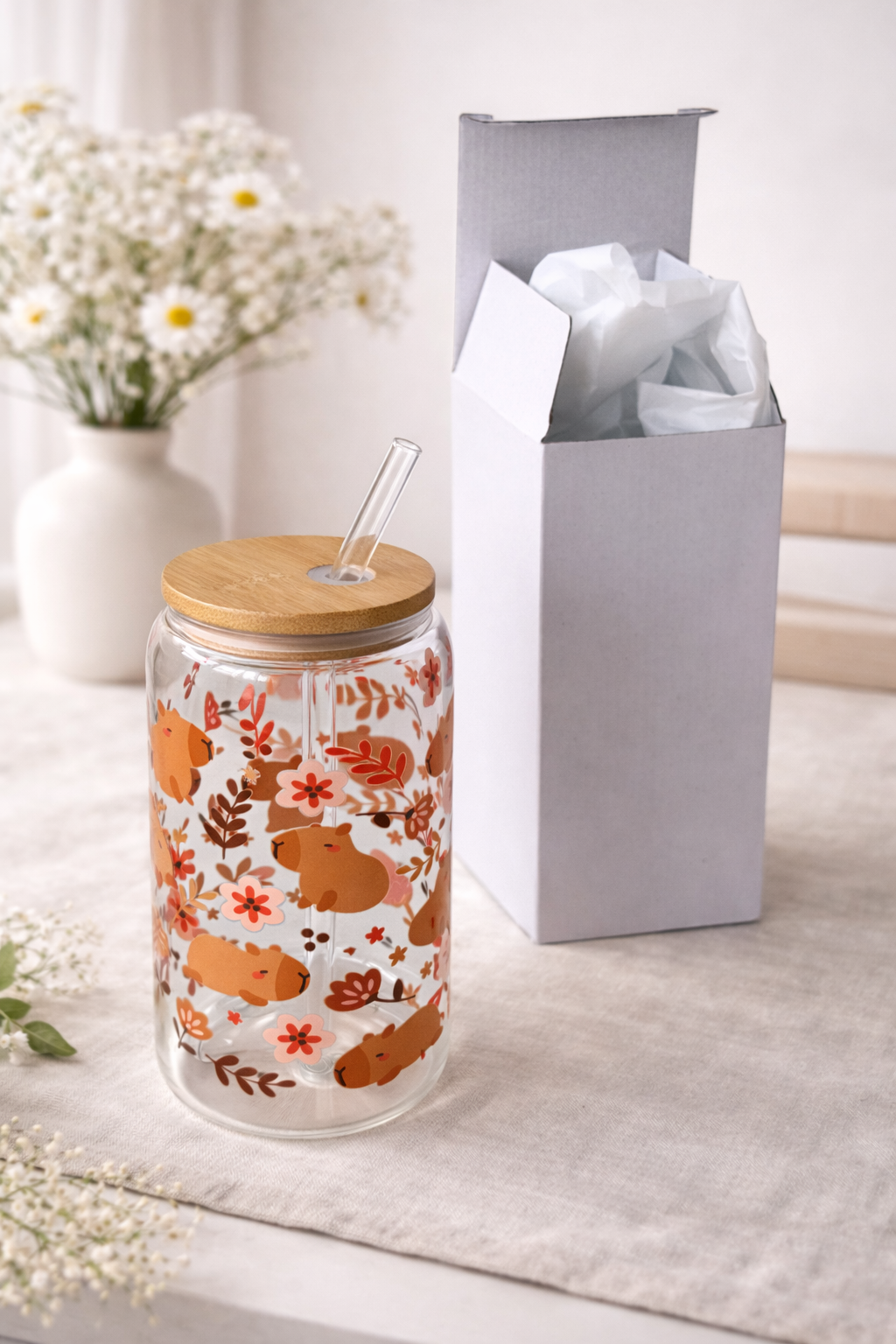 Capybara Blossom Doppelseitiges Glas mit Deckel & Strohhalm