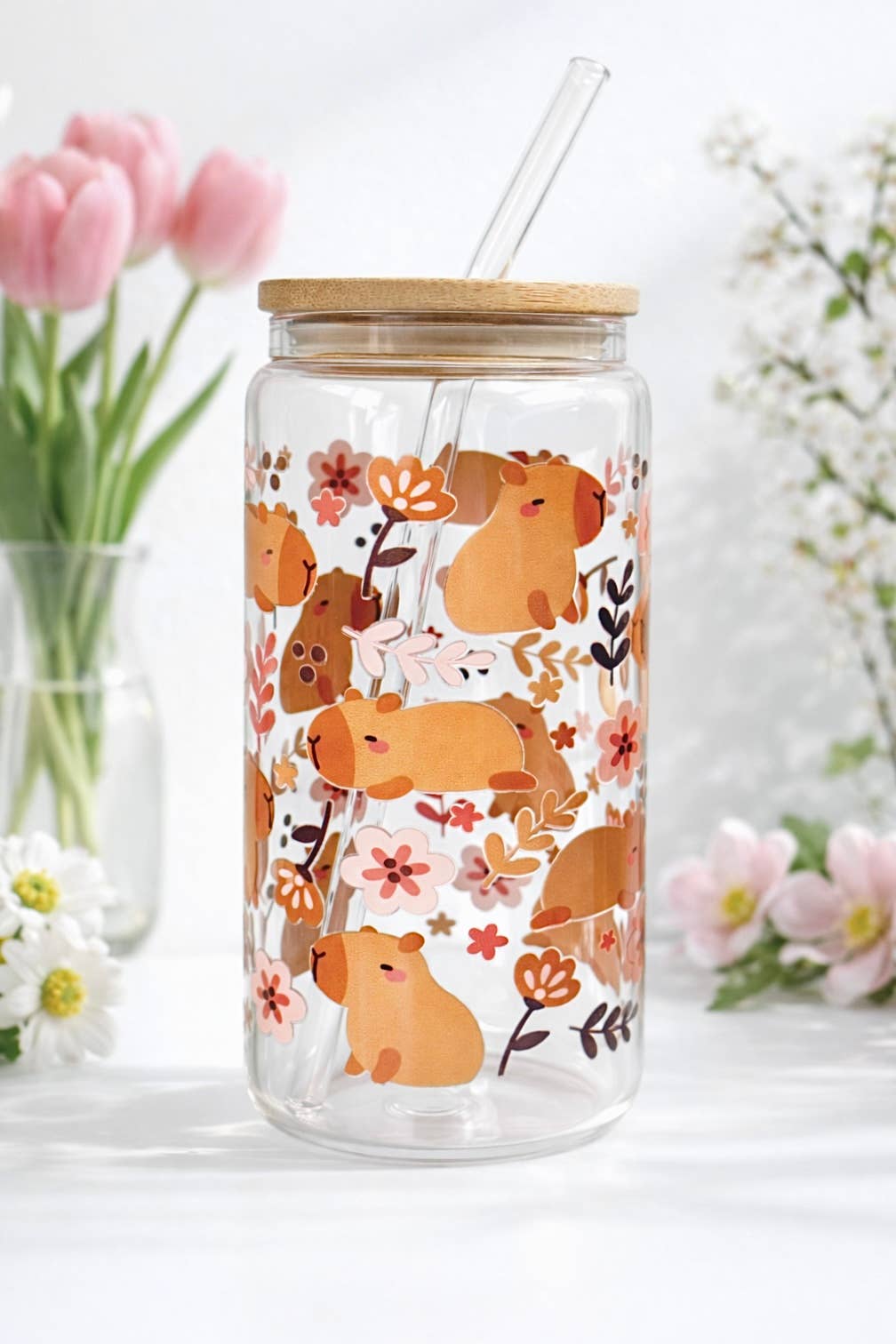 Capybara Blossom Doppelseitiges Glas mit Deckel & Strohhalm