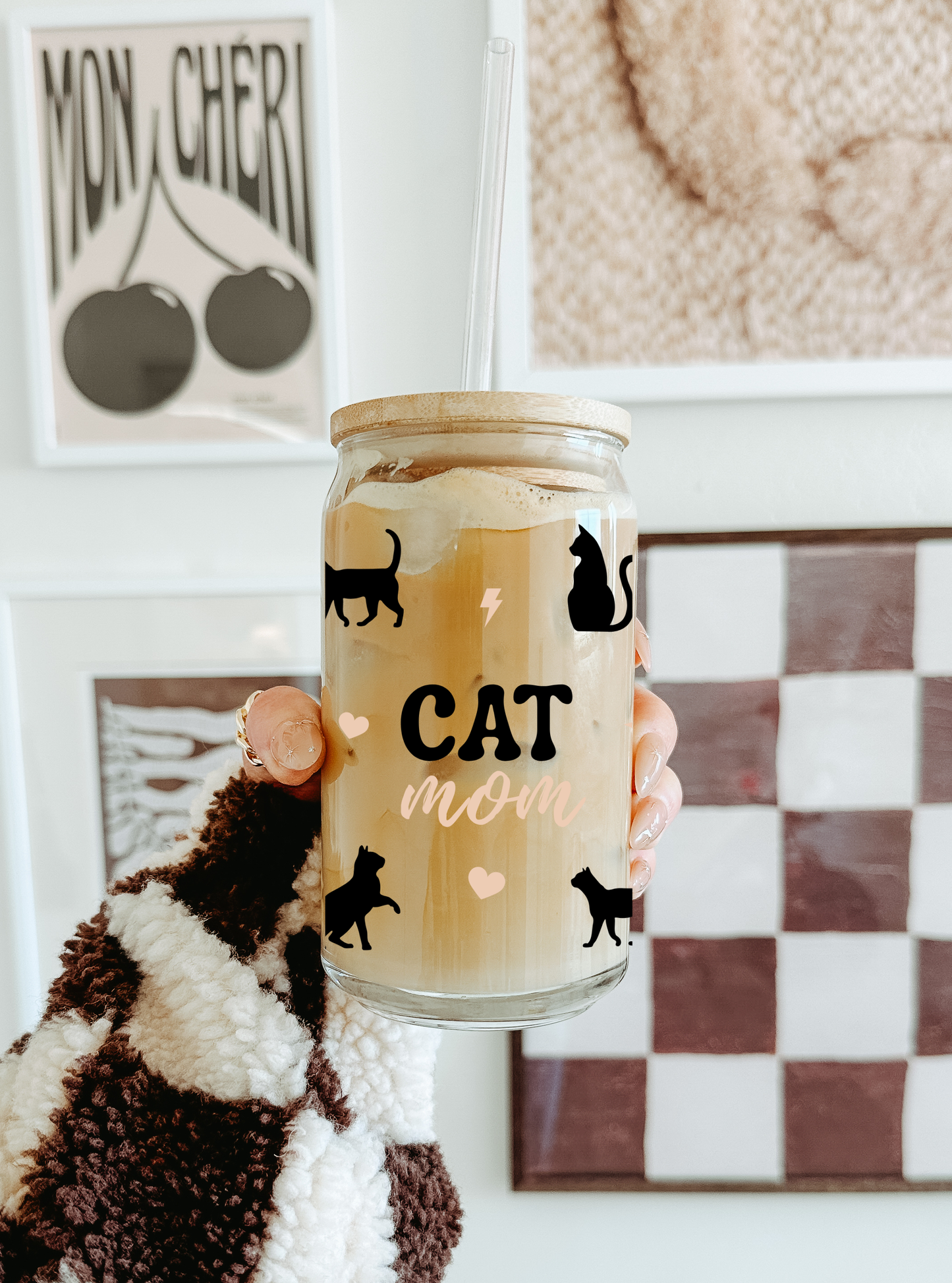 Katzenmama-Glasbecher mit Bambusdeckel & Glasstrohhalm