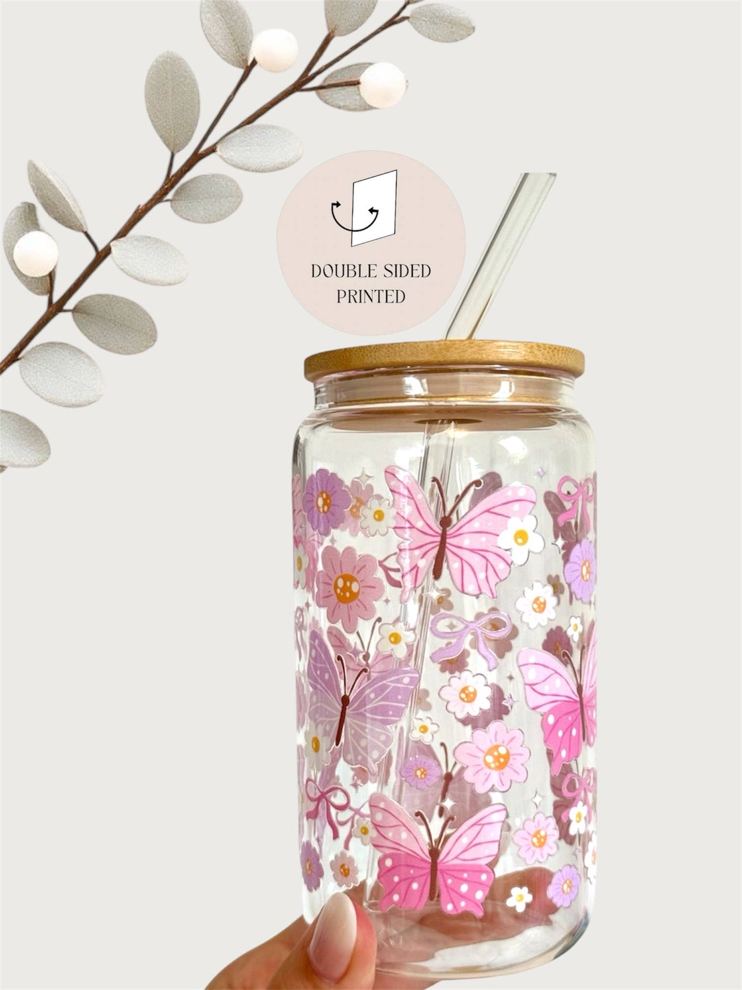 Schmetterlinge Glasbecher Pink & Lila +Bambusdeckel & Strohhalm