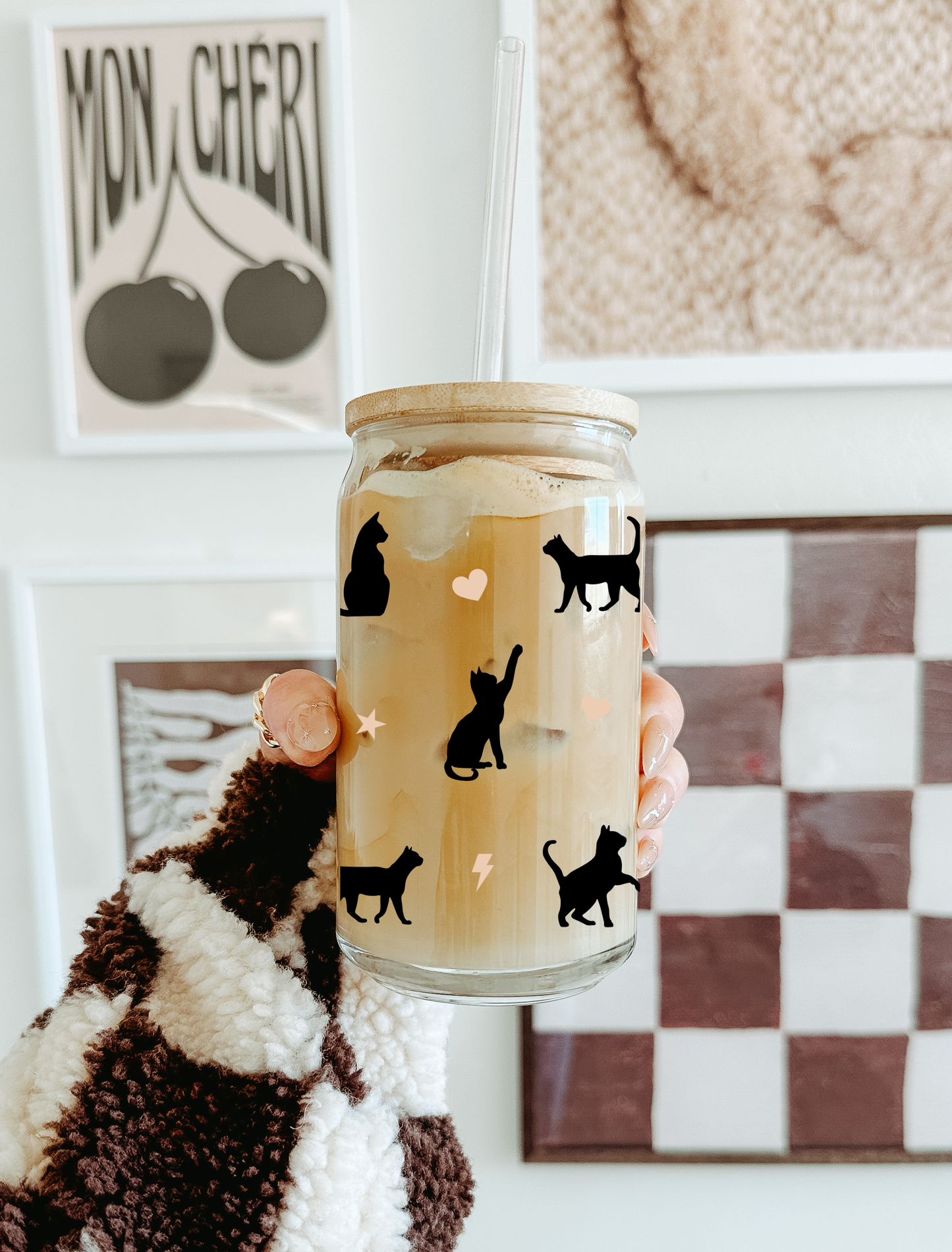 Katzenmama-Glasbecher mit Bambusdeckel & Glasstrohhalm