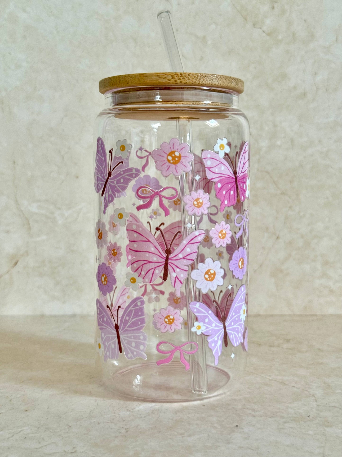 Schmetterlinge Glasbecher Pink & Lila +Bambusdeckel & Strohhalm