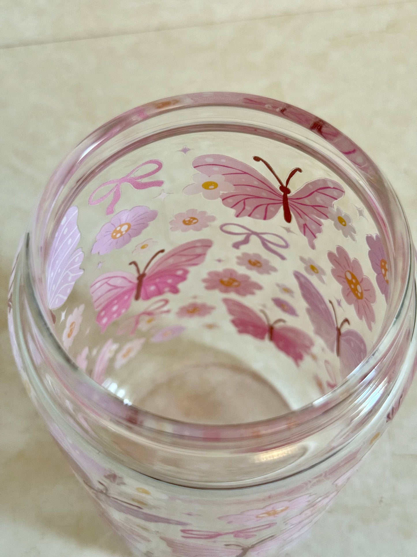 Schmetterlinge Glasbecher Pink & Lila +Bambusdeckel & Strohhalm
