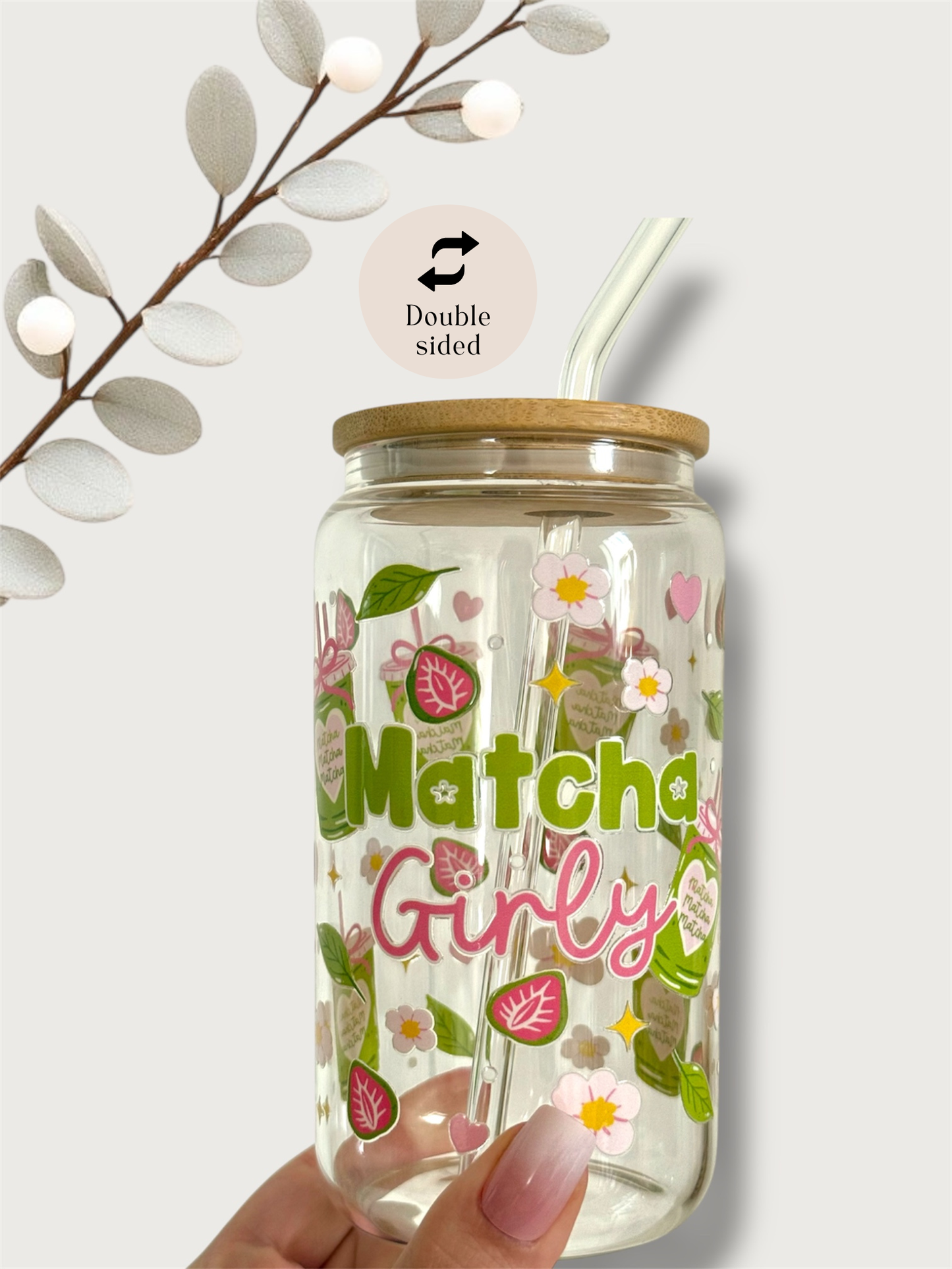 Matcha Glasbecher mit Deckel und Trinkhalm, doppelseitig bedruckt, 500 ml