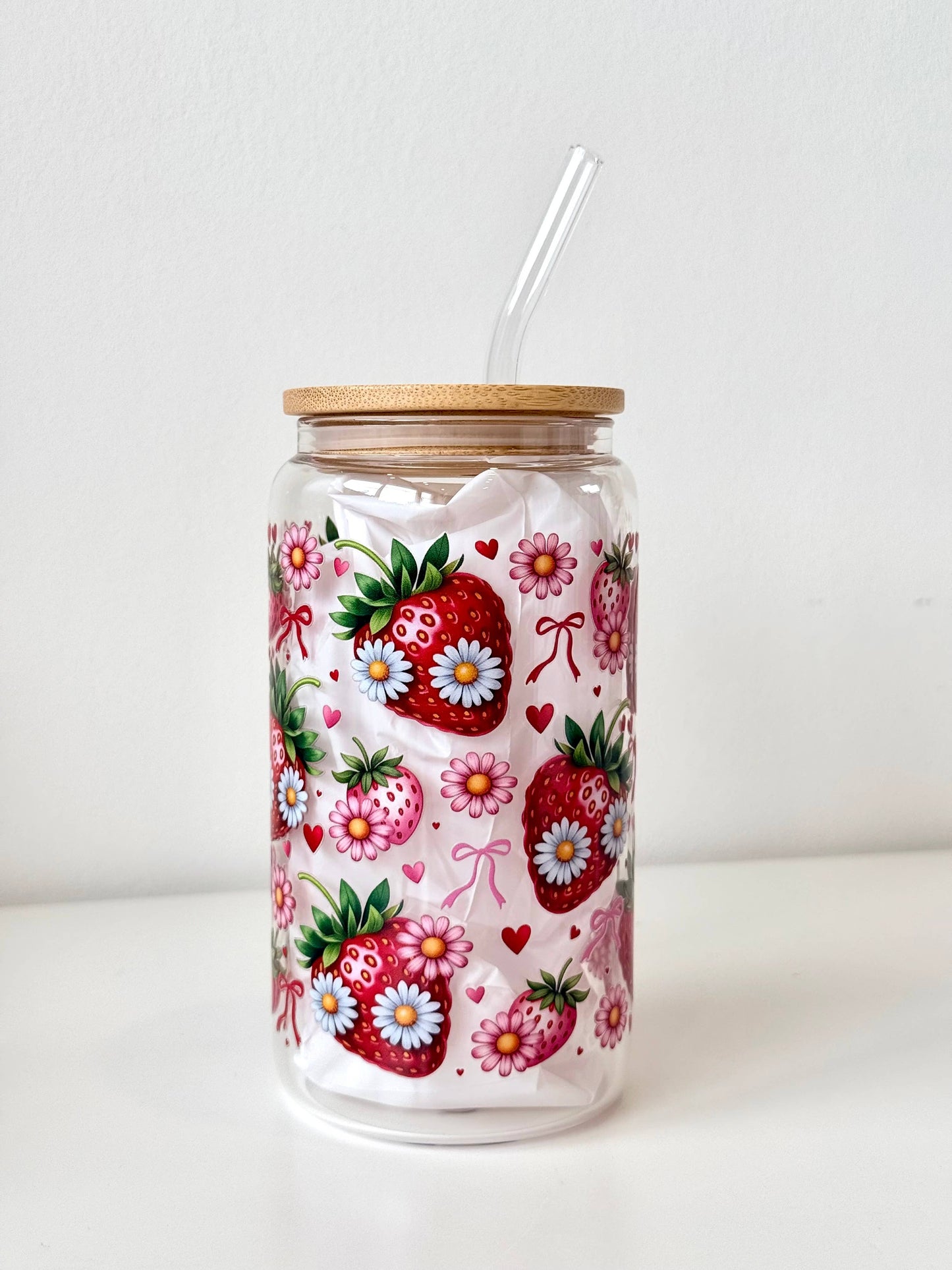 Erdbeeren – doppelwandiger Glasbecher + Deckel & Strohhalm