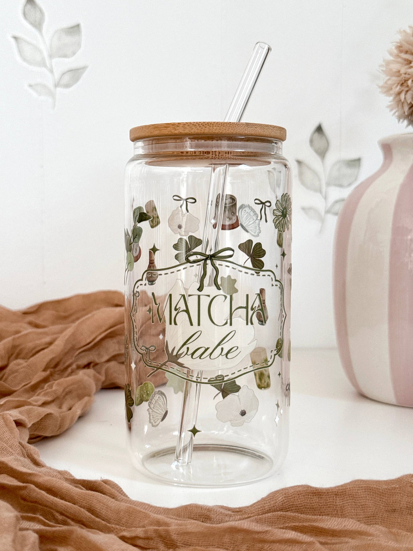 Lux Matcha Babe Glasbecher beidseitig & Deckel und Strohhalm