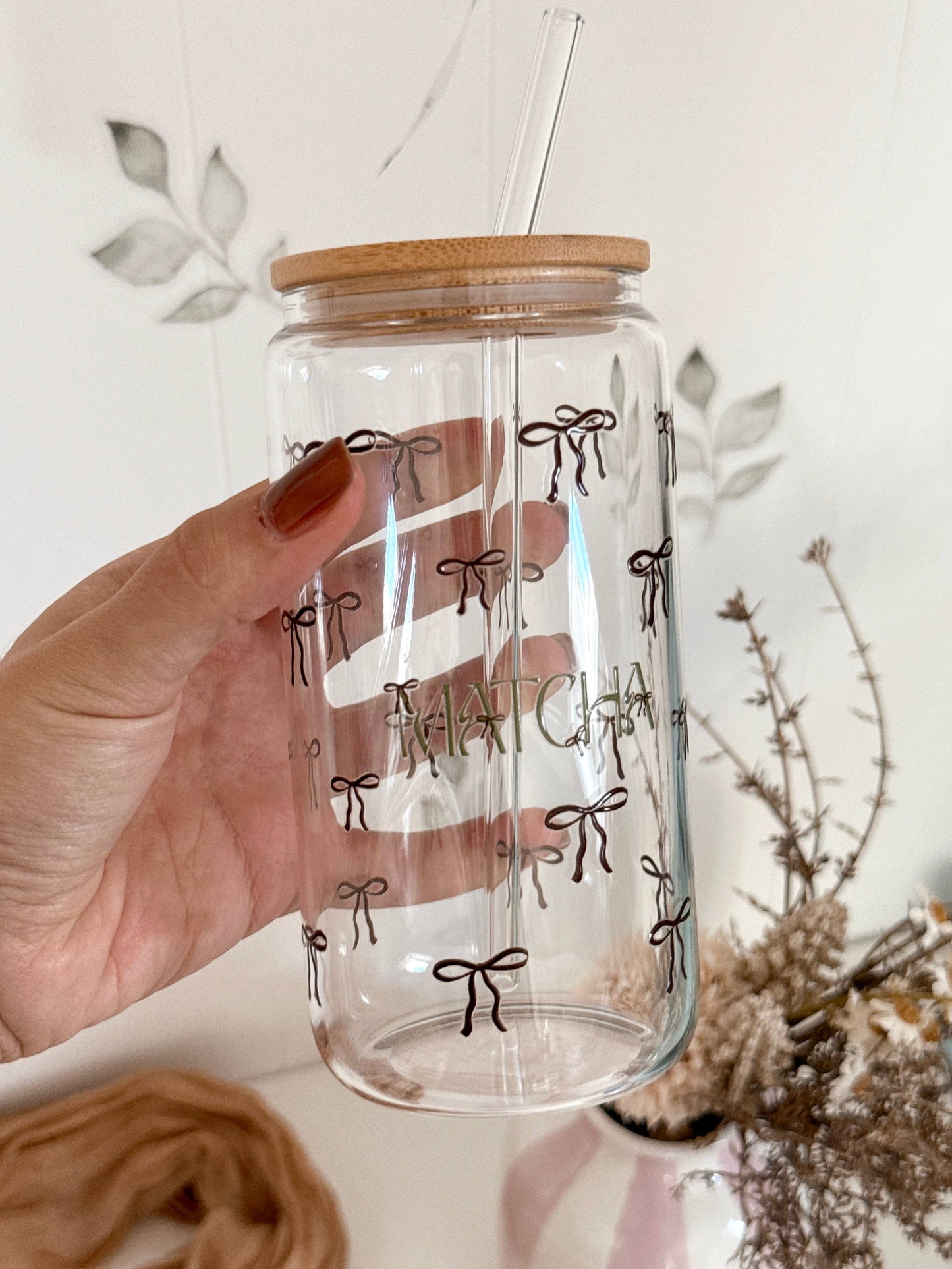 Matcha Bows doppelseitiger Glastumbler + Bambusdeckel & Strohhalm