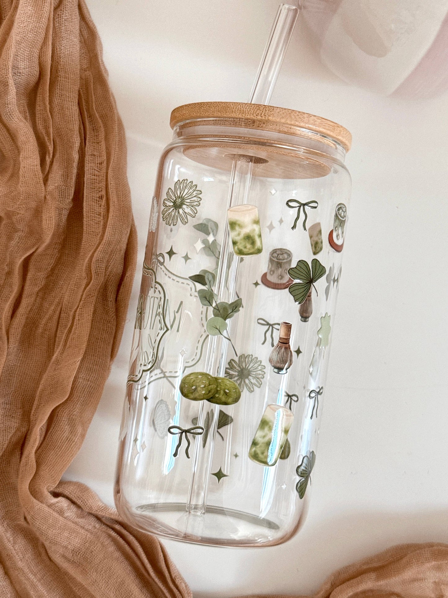 Lux Matcha Babe Glasbecher beidseitig & Deckel und Strohhalm