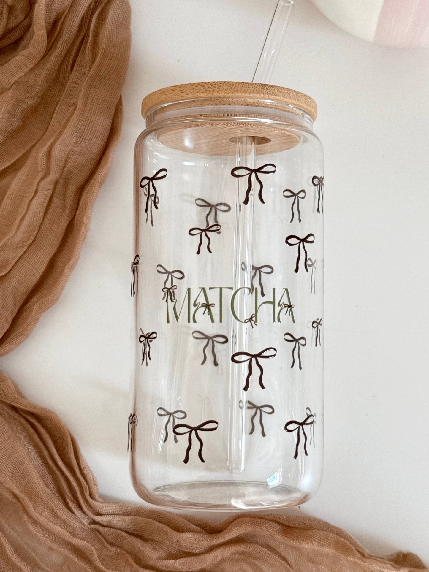 Matcha Bows doppelseitiger Glastumbler + Bambusdeckel & Strohhalm