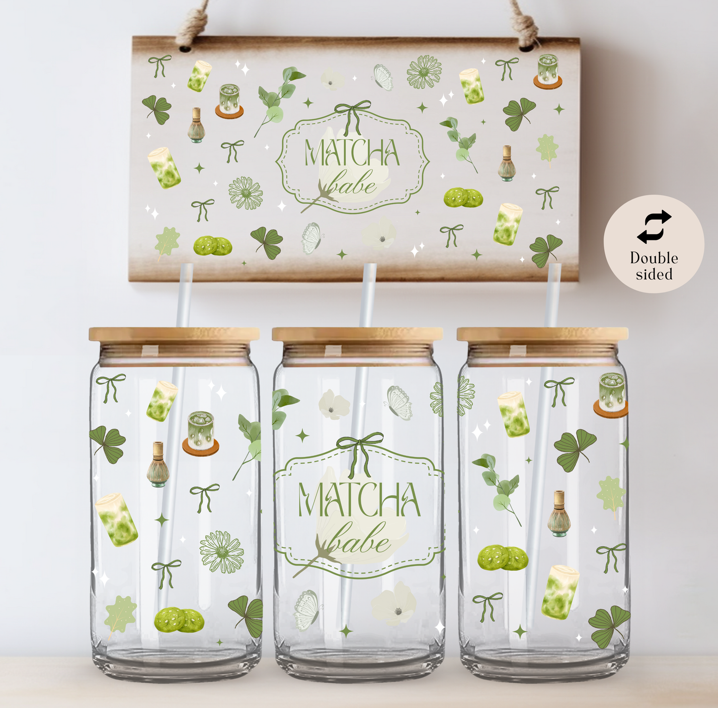 Lux Matcha Babe Glasbecher beidseitig & Deckel und Strohhalm