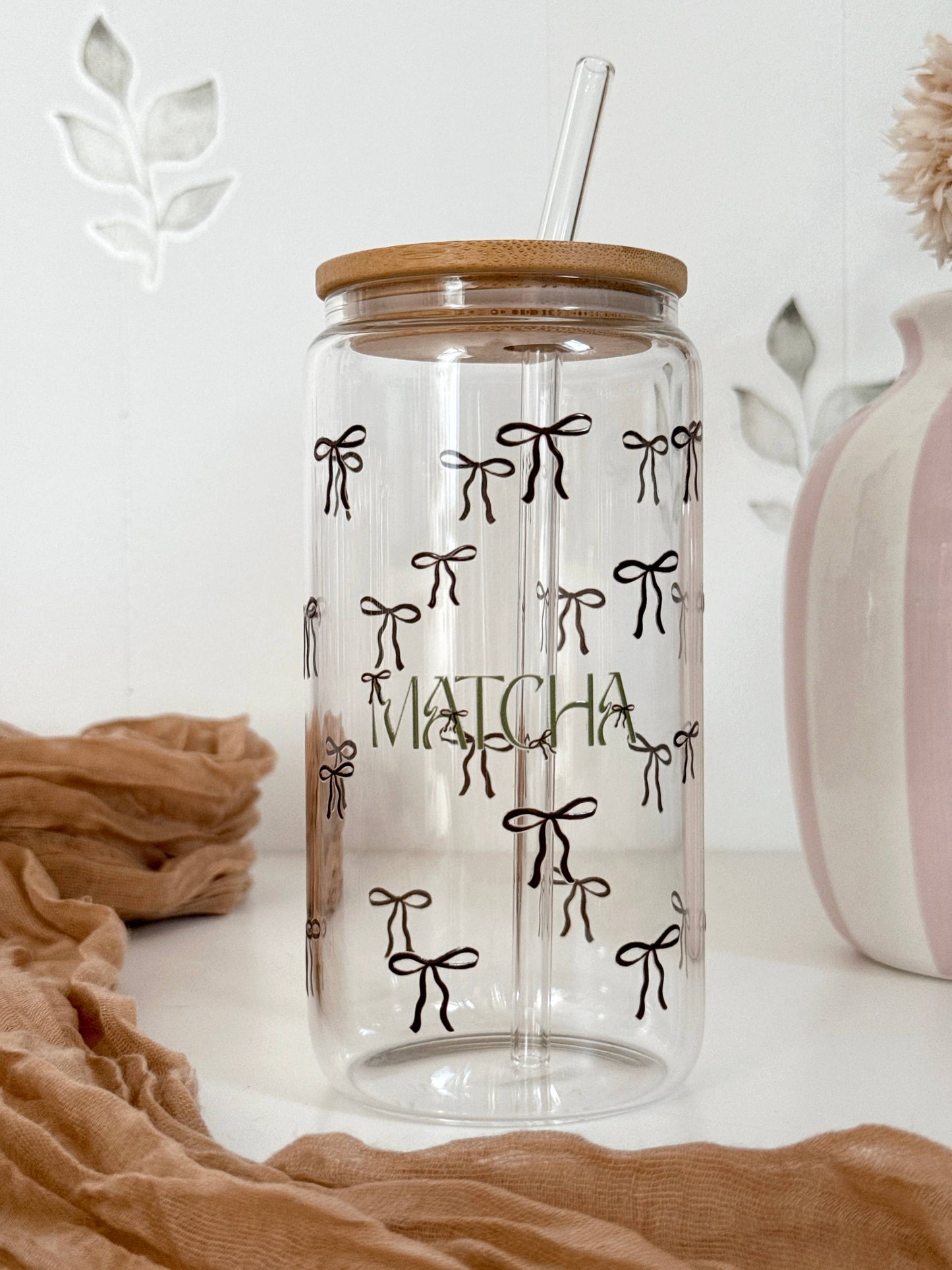 Matcha Bows doppelseitiger Glastumbler + Bambusdeckel & Strohhalm