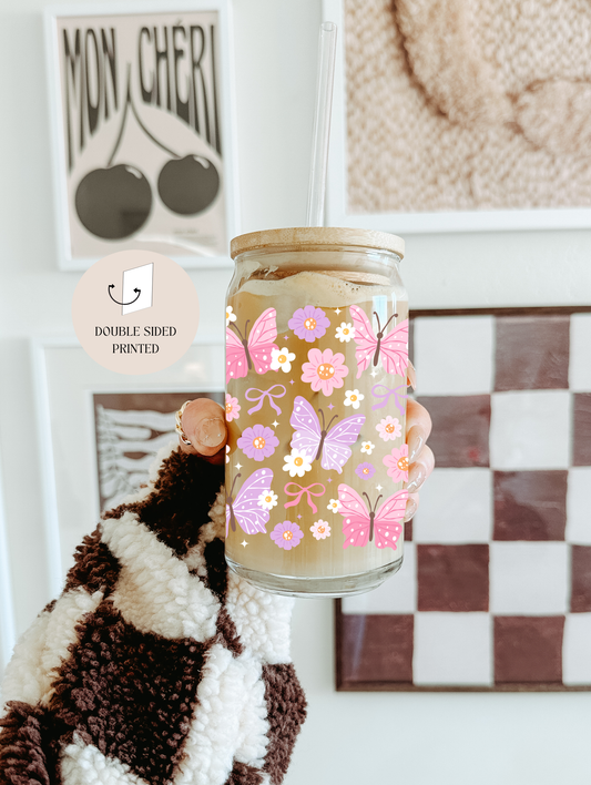 Schmetterlinge Glasbecher Pink & Lila +Bambusdeckel & Strohhalm