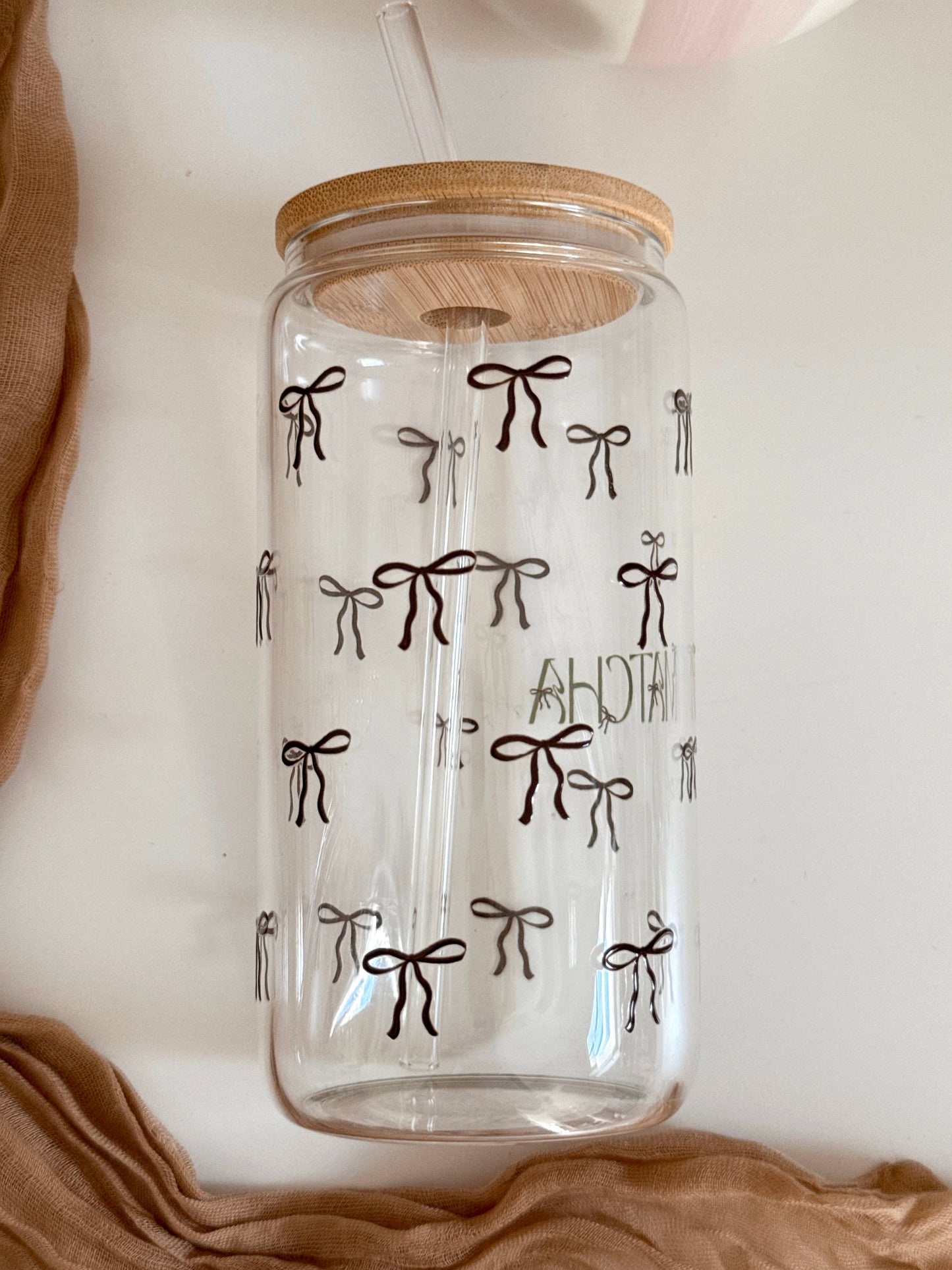 Matcha Bows doppelseitiger Glastumbler + Bambusdeckel & Strohhalm