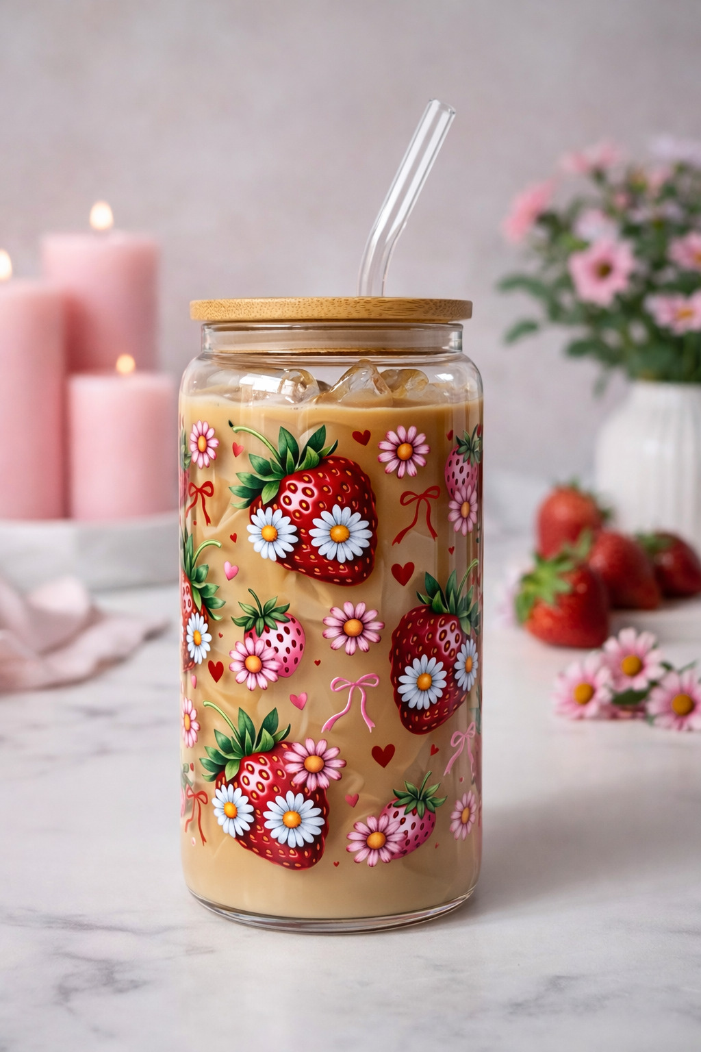 Erdbeeren – doppelwandiger Glasbecher + Deckel & Strohhalm