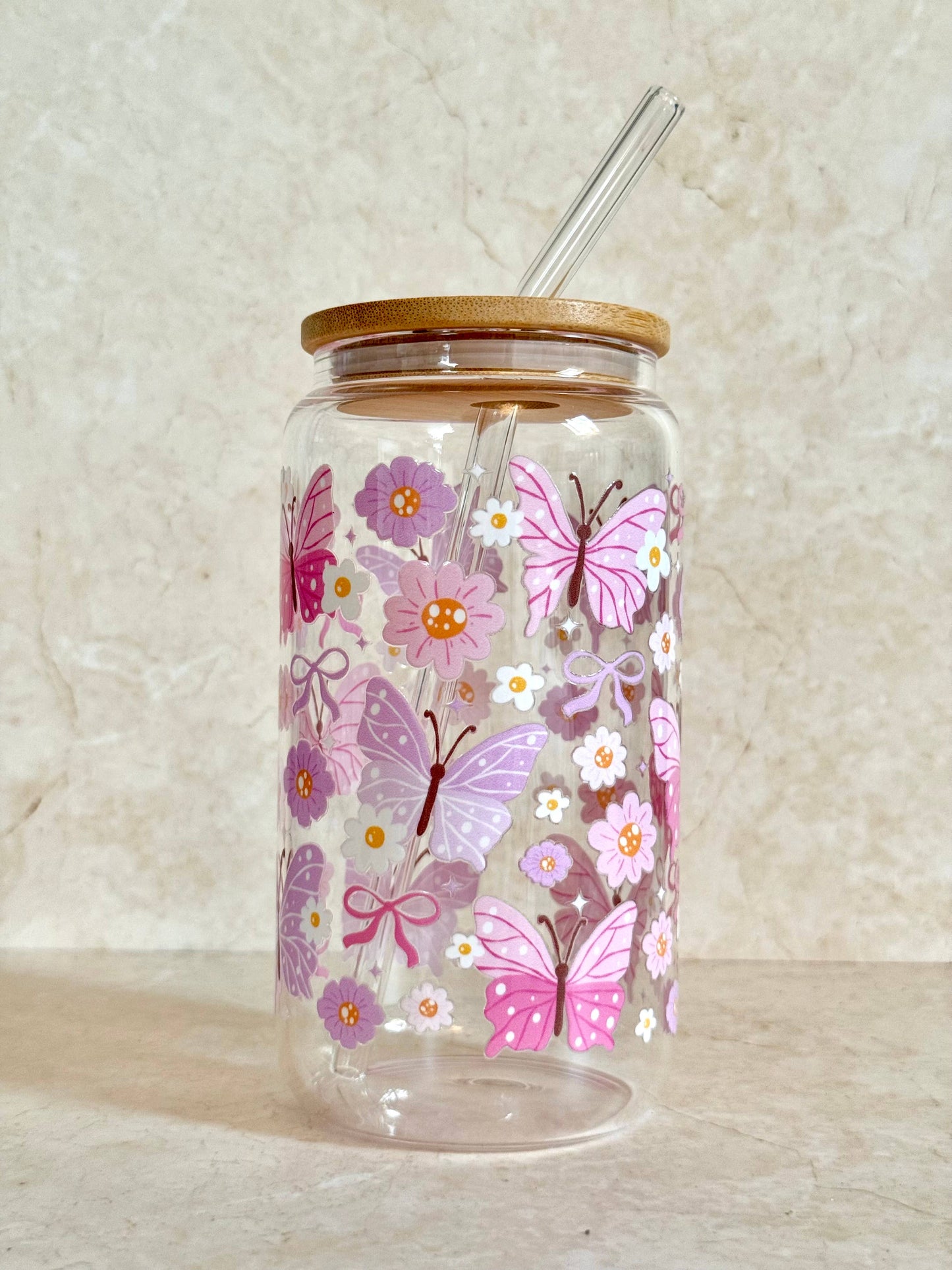 Schmetterlinge Glasbecher Pink & Lila +Bambusdeckel & Strohhalm
