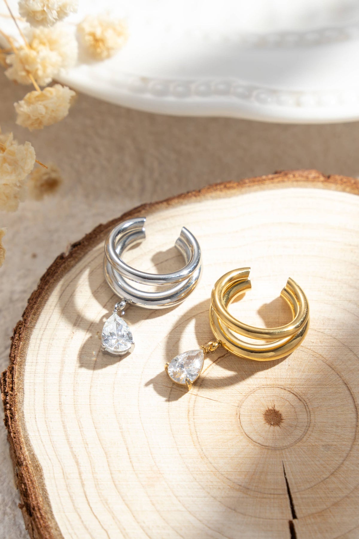 Ear Cuff goldfarben silberfarben Doppelring funkelnder Tropfen